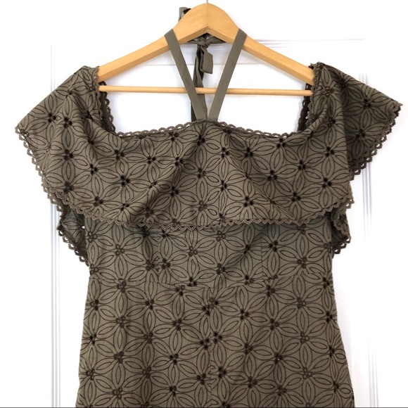 Anthropologie J.O.A. Olive Lace Halter Cold Shoulder Romper Green Brown - Picture 8 of 8